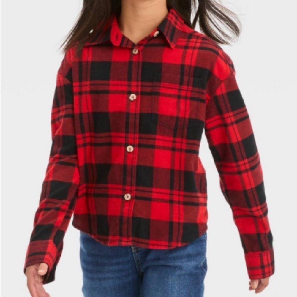NEW - Cat & Jack Girls' Long Sleeve Button-Down Plaid Shirt - Red. 4T
